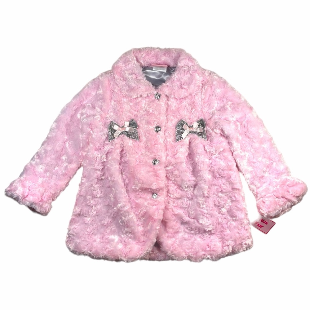 NWT Nannette Pink Faux Fur Coat with Bow Accents, size 3T